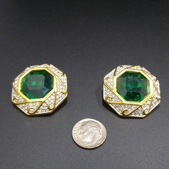 Swarovski Green Octagon Crystal Earrings, Clip On, Gold Plated, Swan Logo - Picture 6 of 10